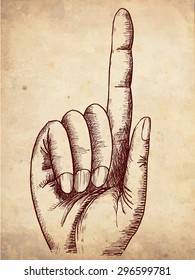 Vector drawing hand with index finger pointing up. Retro black woodcut print style 