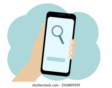 Vector drawing of a hand with a mobile phone. Search for information in the phone. Magnifier icon