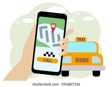 Dibujo vectorial de una mano con un teléfono móvil. En el teléfono, una aplicación de llamada de taxi con un coche y un botón de llamada