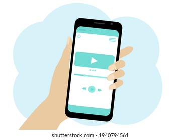 Dibujo vectorial de una mano con un teléfono móvil. El teléfono tiene un reproductor de video