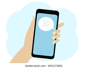 Vector drawing of a hand with a mobile phone. Online correspondence on the phone