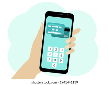 Dibujo vectorial de una mano con un teléfono móvil. Por teléfono, pago electrónico con tarjeta. Introducir un código de pin para confirmar la operación