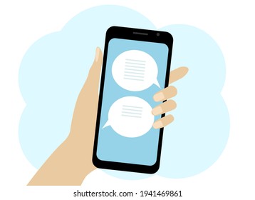 Dibujo vectorial de una mano con un teléfono móvil. Correspondencia en línea por teléfono