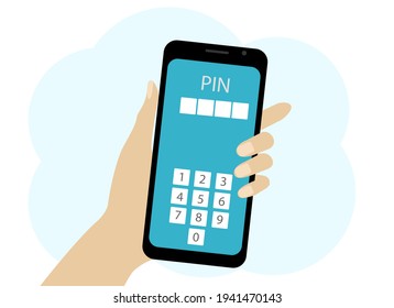 Vector drawing of a hand with a mobile phone. The phone contains numbers for entering a PIN code. Owner data confirmation