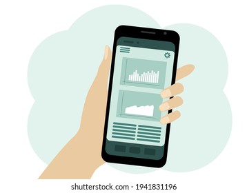 Vector drawing of a hand with a mobile phone. On-screen charts and indicators. Business analytics