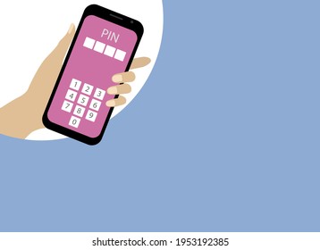 Vektorgrafik einer Hand mit einem Handy. Das Telefon enthält Nummern für die Eingabe eines PIN-Codes. Datenbestätigung des Eigentümers
