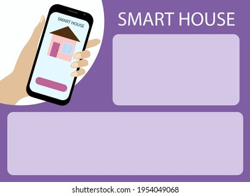Vector drawing of a hand with a mobile phone on which the icon of the house. Smart home control from a mobile phone