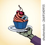 Vector drawing. The hand offers a treacherous treat
