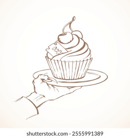 Vector drawing. The hand offers a treacherous treat