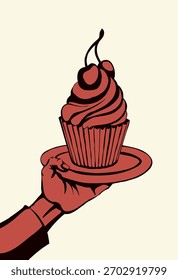 Vector drawing. The hand offers a treacherous treat