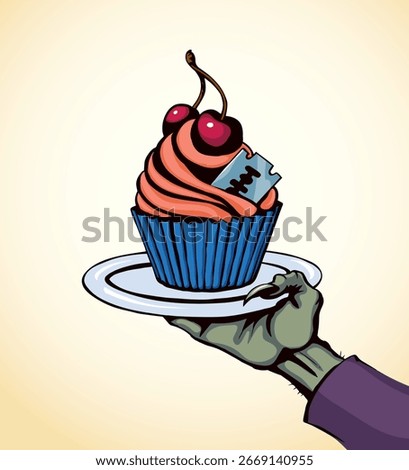 Vector drawing. The hand offers a treacherous treat