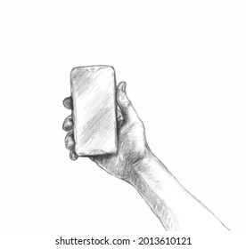 Dibujo vectorial de una mano con un smartphone.Esbozo vector de una mano con un smartphone.Mano sosteniendo un smartphone