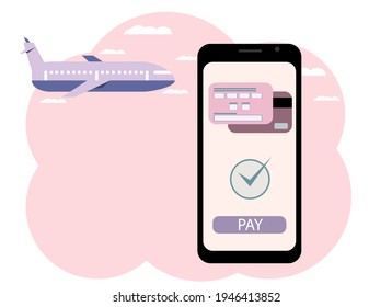 Vektorgrafik einer Hand mit Telefon. Online-Kauf eines Flugtickets, Zahlung per Karte.