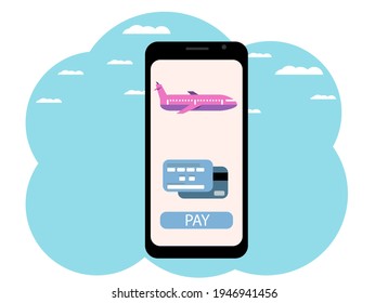 Vector drawing of a hand with a telephone. Online purchase of a plane ticket, payment by card.