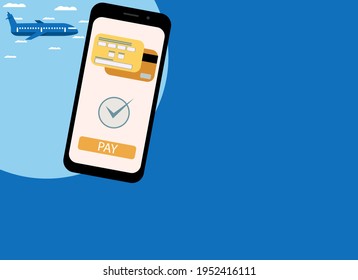 Vector drawing of a hand with a telephone. Online purchase of a plane ticket, payment by card.