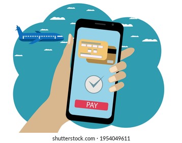 Dibujo vectorial de una mano con un teléfono. Compra en línea de un billete de avión, pago por tarjeta.