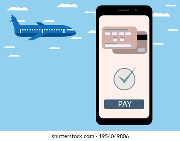 Vector drawing of a hand with a telephone. Online purchase of a plane ticket, payment by card.