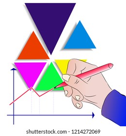 vector drawing of the hand that draws the graph of the development of business through infographics and charts