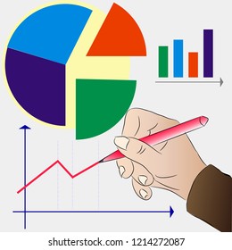 vector drawing of the hand that draws the graph of the development of business through infographics and charts