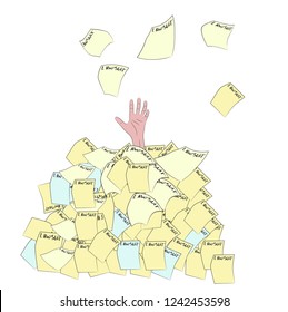 vector drawing of a hand that sticks out of a big pile of lawsuits.