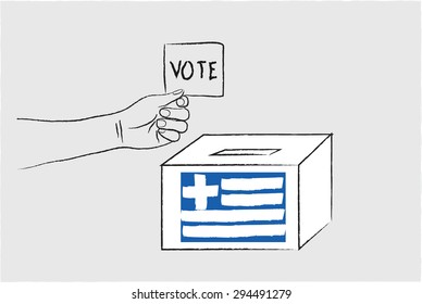 Vector drawing hand vote ballot with greece box.