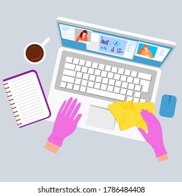 Vector drawing of a hand working in gloves at the computer, communication, chat. Cleaning the work surfaces of the keyboard with a yellow napkin, pink gloves flat style. Disinfection, table cleaning.