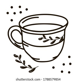 Dibujo vectorial de la taza hecha a mano sobre fondo blanco aislado, de estilo plano. Símbolo, almuerzo, té, café, regalos, celebración, decoración.