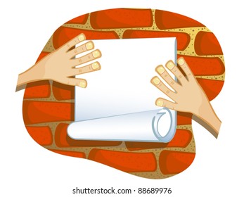 Vector drawing. Hands gluing a piece of paper on a brick wall. The isolated Blank.