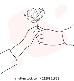 Vector drawing of hands. The hand will hold a flower in your hand to give it to another person. Suitable for shooting, banner, or postcard