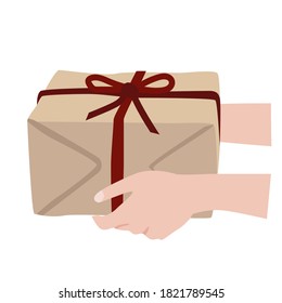 Vector drawing of hands holding a gift with a red ribbon in flat design. Holiday, gift, donation, surprise in cartoon style.