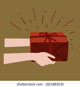 Vector drawing of hands holding a gift with a red ribbon in flat design. Holiday, gift, donation, surprise in cartoon style.