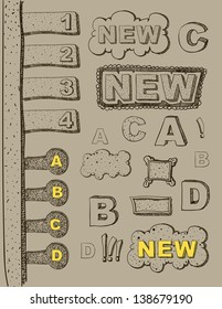vector drawing hands with numbers and letters in words and speech bubble