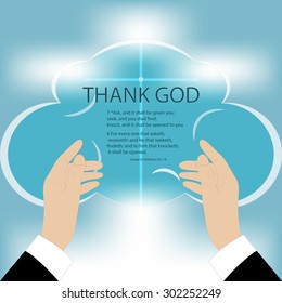 Vector drawing of hands rising to God, on a blue background mesh, text - Thank God
