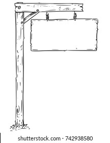 Vector drawing of hanging empty blank wooden sign board