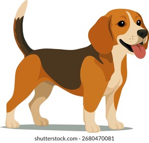 Vector drawing of a happy beagle puppy standing with tongue out, colorful cartoon style, isolated on white.