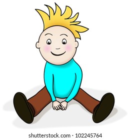 Vector drawing of a happy boy cartoon character sitting on the floor, watching something with amazement and excitement