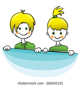 Vector drawing. Happy boy and girl with bright yellow hair