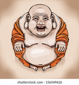 Vector drawing of a Happy Buddha/Happy Buddha/ Easy to edit layers meshes used in the background layer, No meshes or gradients used on Buddha,