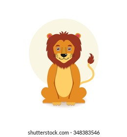Vector drawing of a happy cute lion. Cartoon character, children illustration.