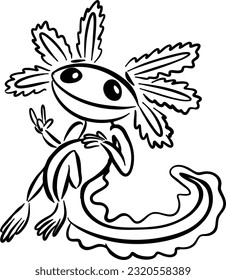 Vector drawing happy peaceful Axolotl  Hand drawn  black   white  contour  silhouette  sketch  flat  doodle  cartoon style  Cute silly nice beautiful animal amphibia water tail eyes character 