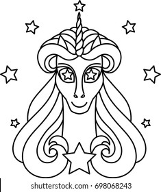 Vector drawing of a happy unicorn who in the eyes of the stars