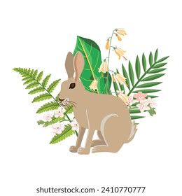 vector drawing hare, rabbit with flowers, hand drawn animal and plants , cartoon style character