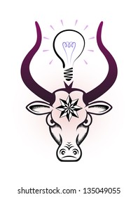 Vector drawing of the head of a bull with big horns on the white background.