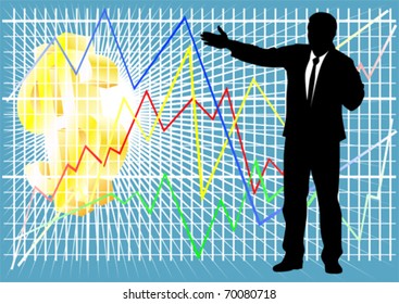 Vector drawing head of business during working hours. Graphs and charts