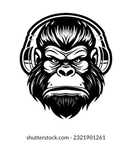 Vector drawing head of a gorilla in musical headphones on a white background