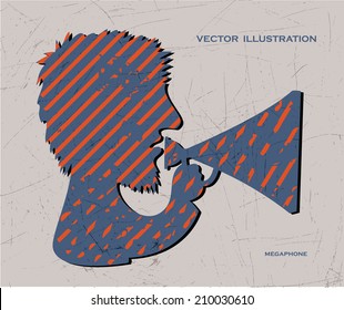 Vector drawing of head of man with megaphone. Retro symbol.