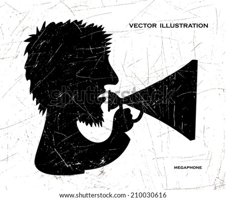 Vector drawing of head of man with megaphone. Retro symbol.