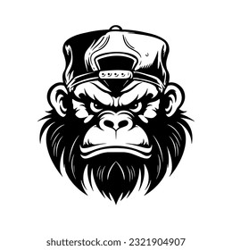 Vector drawing head of a monkey in a baseball cap on a white background