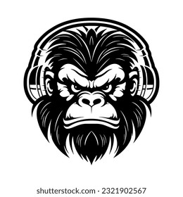 Vector drawing head of a monkey in musical headphones on a white background