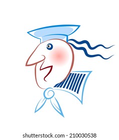 Vector drawing of head of sailor and sailor's cap. Retro image.